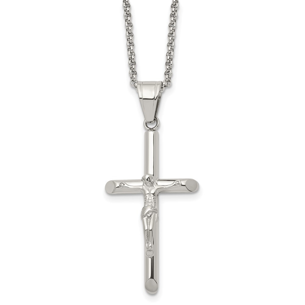 Chisel Stainless Steel Crucifix Pendant on a 22 inch Rolo Chain Necklace